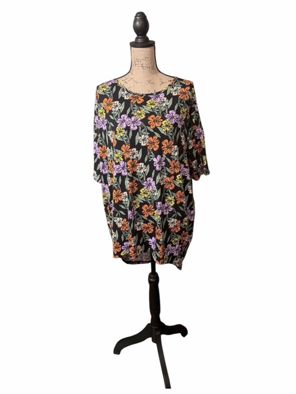 LuLaRoe Irma Black Floral Tunic with Purple, Orange & Green Blossoms